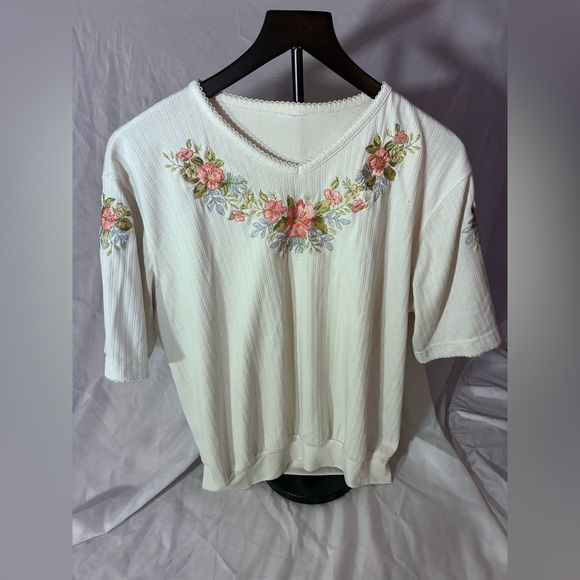 Cottage Core Floral Embroidered Ribbed Tee - Picture 1 of 5
